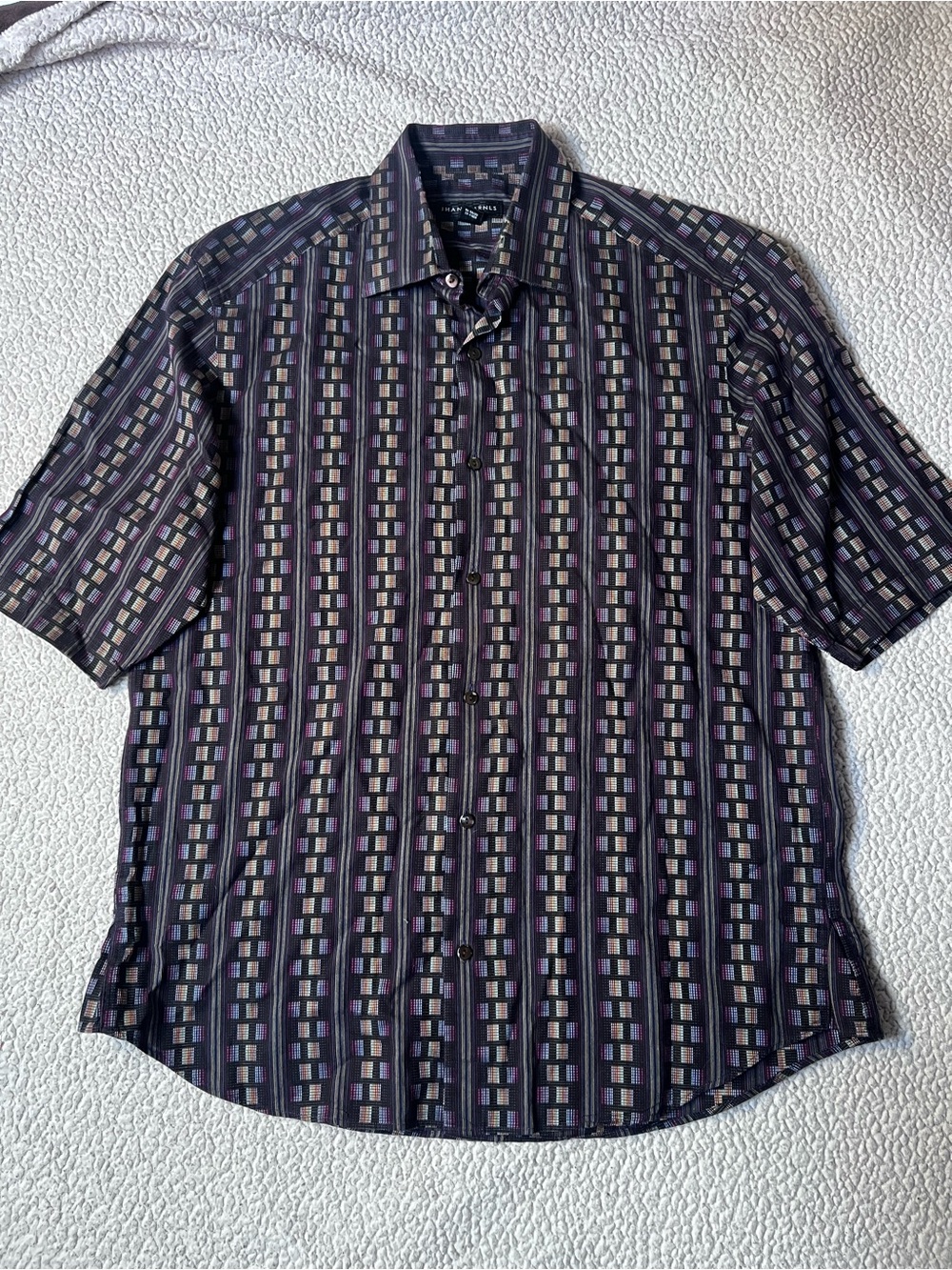 Jhane Barnes Abstract Short Sleeve Button Front Check Men's Size Large